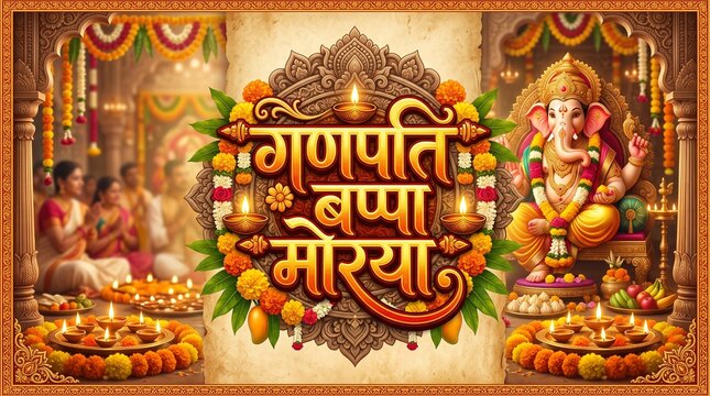 Ganesh chaturthi festival greeting with lord ganesha and marigold flowers