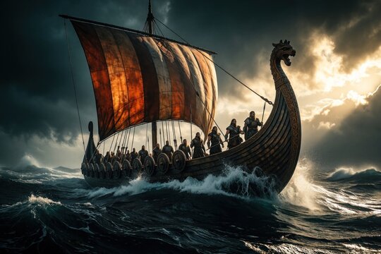 Viking longship sails through rough ocean waves under dramatic sky. Norse warriors on wooden boat travel across sea during sunset. Old ship with large striped sail, dragon head prow navigates stormy