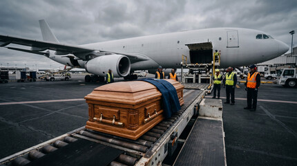 Fototapeta premium A wooden casket being loaded onto a cargo airplane at an airport tarmac by a team of ground crew workers under a cloudy sky