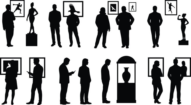 Black silhouettes of people visiting an gallery, viewing paintings, sculptures, and artifacts in display cases