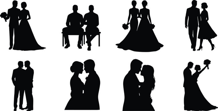Black silhouettes of wedding couples and bridesmaids in various poses, isolated on a plain white background