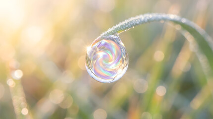 Obraz premium Macro of rainbow swirl inside dewdrop on grass blade with soft morning sun bokeh