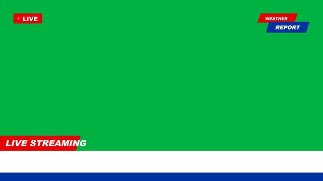 Empty chroma key green screen background for broadcast news segment template featuring live streaming and weather report graphics overlay for television production