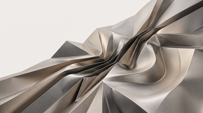 Abstract metallic sculpture with sharp folds and smooth curves on a white background folded