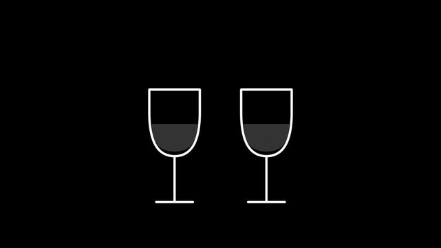 A clean and modern vector illustration of two wine glasses with red liquid, outlined in white against a black backdrop, conveying elegance and celebration
