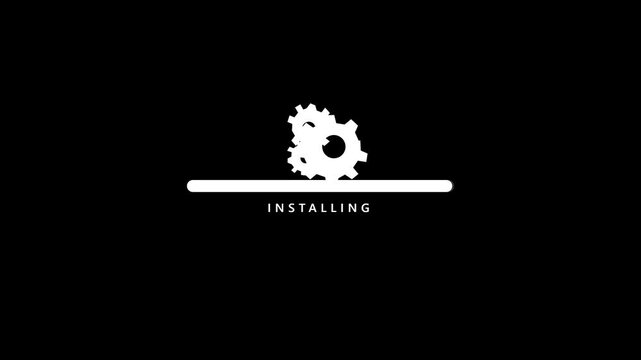 Software installation or system update graphic with animated gears and a loading bar on a dark background, representing digital configuration and technological progress