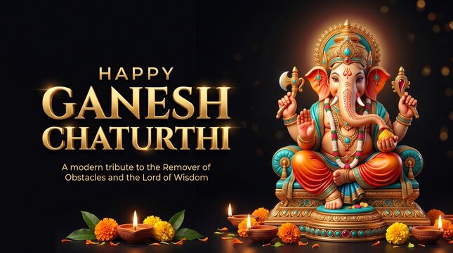 Happy ganesh chaturthi greeting with lord ganesha and oil lamps