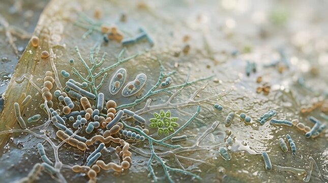 Microscopic view of diverse microorganisms including bacteria and fungi biology