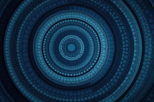 Abstract blue circles create a pattern suggesting depth and cosmic movement. Concentric rings formed by dots show smooth flow and dark contrast.