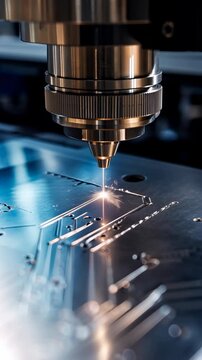 Laser engraving head moves across electronic circuit board surface creating bright sparks during precise manufacturing process with metallic components, detailed close view of automated industrial