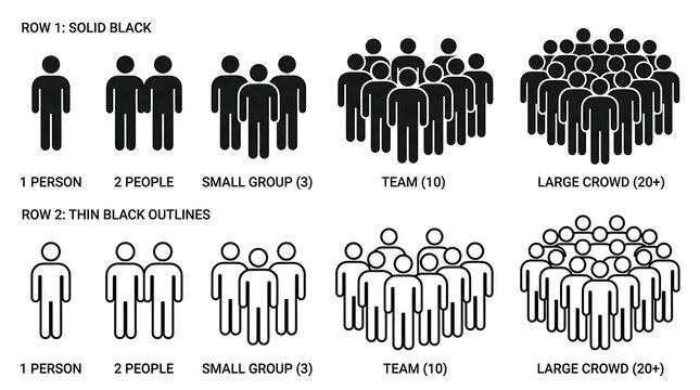 Minimalist human figure icon set showing various group sizes from single person to crowd