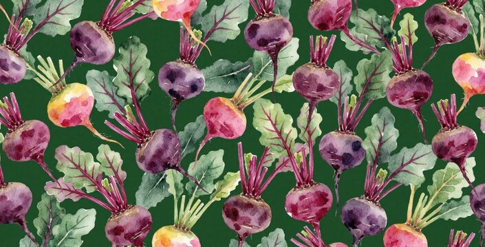 Seamless pattern of watercolor beetroots. Fresh vegetables with green leaves repeat on dark green background. Hand painted raw root crop design for food or fabric.