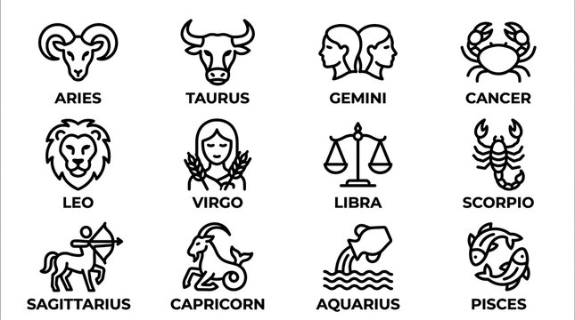 Minimalist zodiac signs vector icon set featuring twelve astrological symbols and emblems.