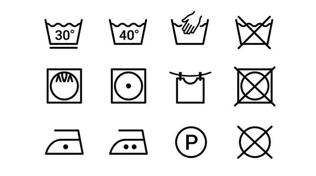 Set of minimalist laundry care instruction icons for clothing labels and textile tags