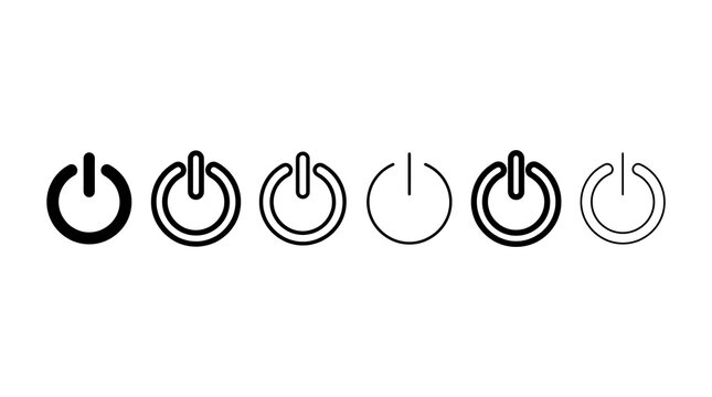 Set of six minimalist power button icons for digital interface and web design elements.