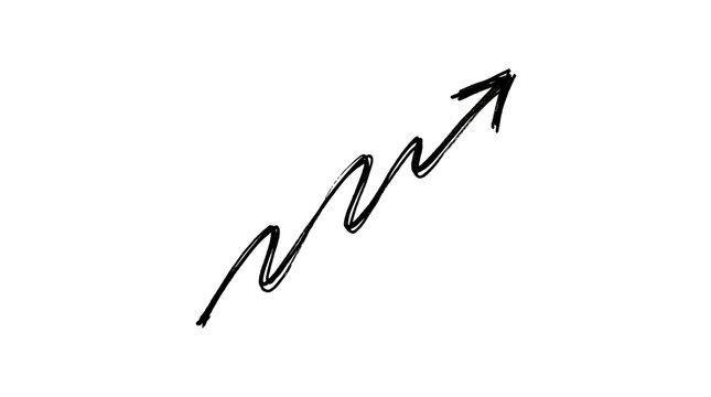 Minimalist hand drawn black squiggly arrow pointing up isolated on white background