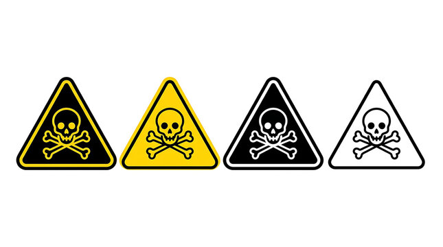 Set of four triangular danger signs with skull and crossbones hazard warning icons
