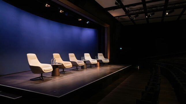 Modern stage with five white chairs for a business panel discussion in a dark room with blue background lighting