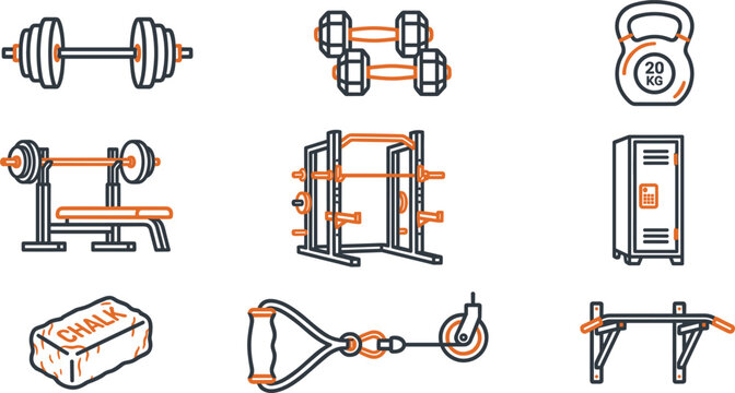 Gym bodybuilding and weightlifting vector line icon set featuring barbell dumbbells kettlebell bench press power rack locker chalk block and cable machine