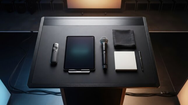 Black podium with tablet microphone clicker and notebook for a business presentation on a stage