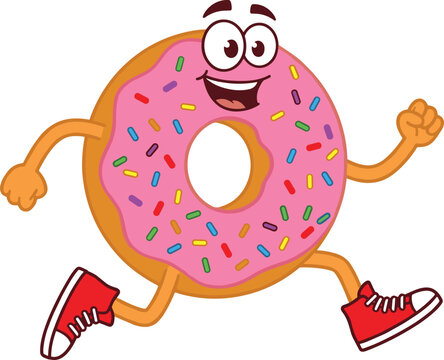 Funny cartoon pink strawberry donut character with face arms and legs running fast wearing red sneakers vector illustration isolated on white background