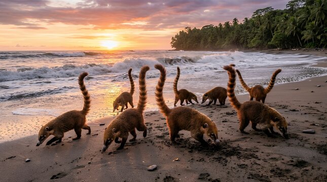 Group of coatis foraging on a tropical beach at sunset in Costa Rica