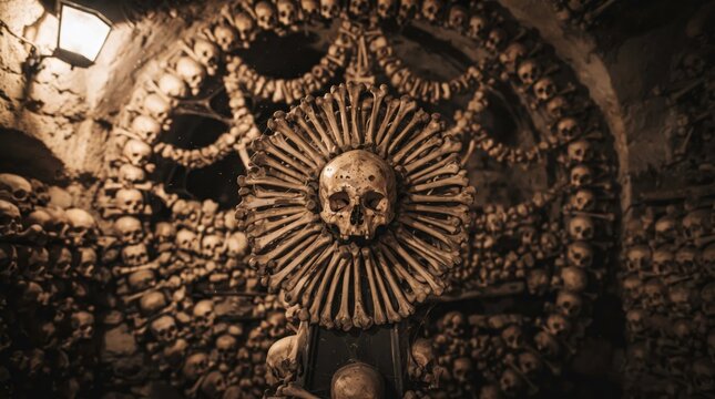 Ossuary Artistry: A chilling and awe-inspiring display of human bones meticulously arranged into intricate patterns and decorative designs.