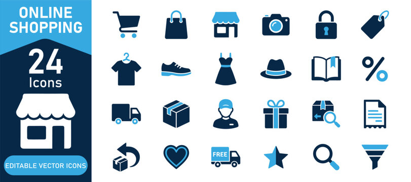 A comprehensive collection of twenty four blue online shopping icons representing e commerce retail and digital marketing business concepts