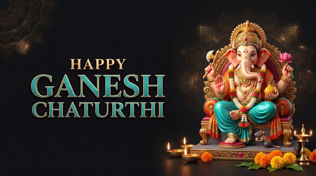 Happy ganesh chaturthi greeting with lord ganesha idol and lamps
