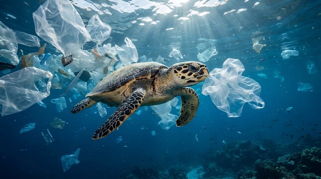 Sea turtle swimming in ocean water polluted with floating plastic waste and trash