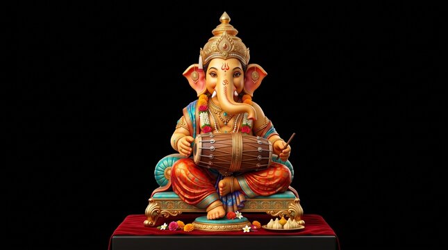 Lord ganesha idol playing dholak drum with modak offering