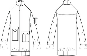 Technical fashion flat sketch template of mens longline zip up bomber jacket coat with pockets front and back view © Lita Art