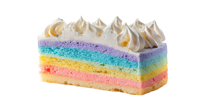 Multi-colored cake slice with cream swirls