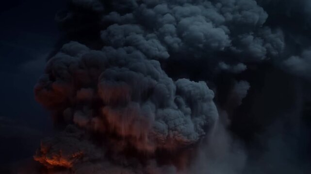 Volcanic ash plume over glowing lava in dark smoky volcanic landscape