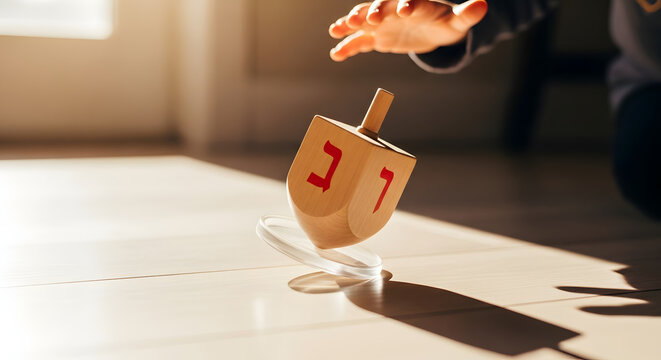 Child's Hand Spinning a Wooden Dreidel