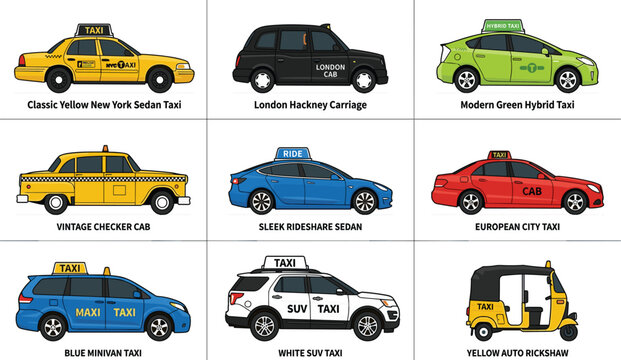 Vector illustration set of different global taxi vehicles including yellow sedan london cab rideshare suv minivan and auto rickshaw isolated on white background