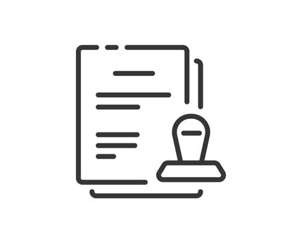 Approved license document with notary stamp icon line stroke outline simple graphic illustration, official legal paper contract with seal sign symbol pictogram, certificate permit accepted clip art