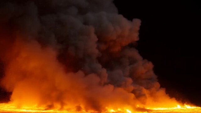 Massive ground explosion sending orange fire and thick smoke upward against black night