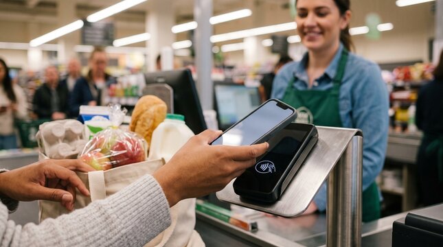 Customer paying with smartphone using contactless technology at grocery store checkout counter