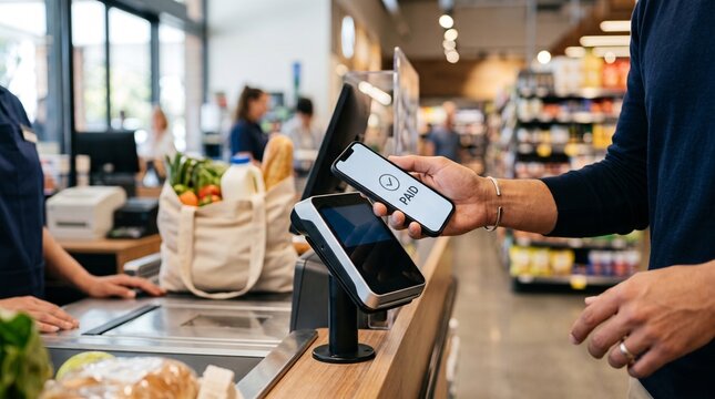 Customer pays for groceries using contactless mobile payment at supermarket checkout counter