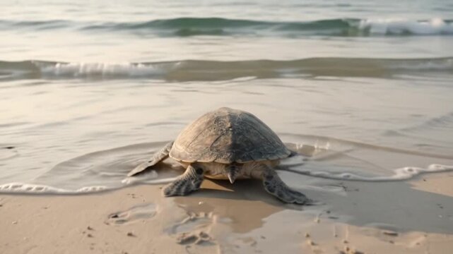 Sea Turtle on Shore: A solitary sea turtle, its shell weathered by the ocean, makes its way onto a sandy beach as gentle waves recede. A serene moment of natural transition.