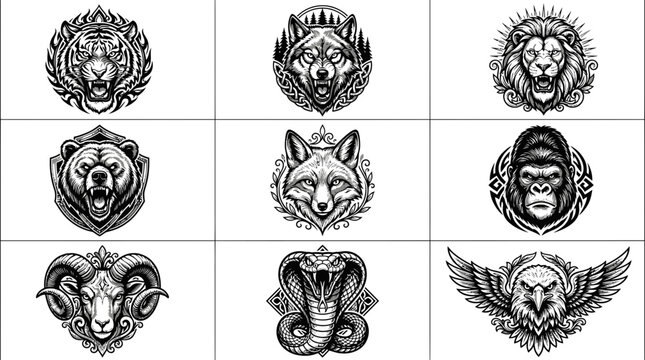 Tattoo emblem collection featuring wild animal heads and crests