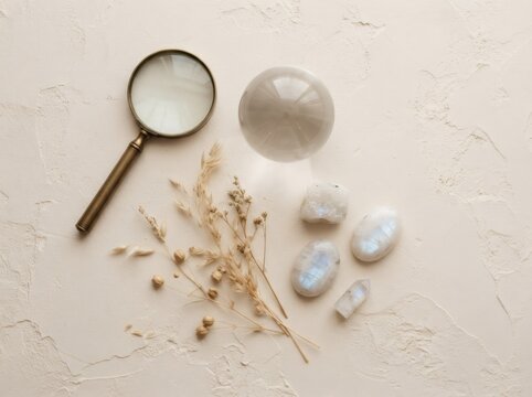 Flat lay composition with magnifying glass, crystal sphere, moonstone gemstones and dried flowers on beige plaster background