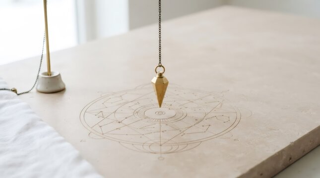 Golden dowsing pendulum hanging on chain above astrology chart on marble table. Fortune telling and divination tool for esoteric practice. Mysticism, spirituality and fortune telling concept
