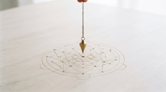 Hand holding brass pendulum over astrological chart drawn on white table. Dowsing and divination ritual with zodiac circle and stars. Mystic fortune telling and esoteric spirituality concept.