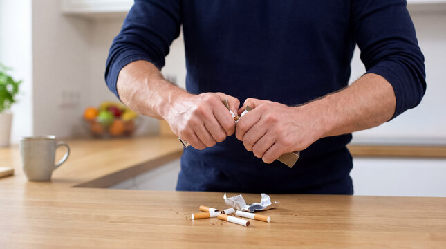 Man crushing a cigarette box and breaking cigarettes, symbolizing a decision to stop smoking and embrace health