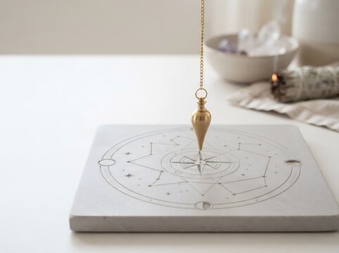 Golden pendulum hanging over divination board with celestial constellation map. Mystical fortune telling and dowsing tools for spiritual practice, esoteric ritual and astrology reading concept.