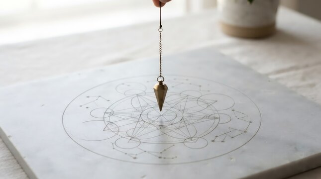 Hand holding brass pendulum over sacred geometry chart with zodiac constellations on marble board. Dowsing divination and spiritual esoteric practice. Fortune telling and mystical intuition concept.