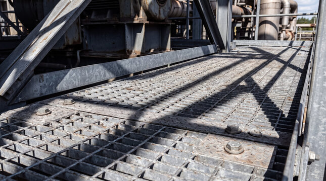 Industrial steel grating platform with sun casting strong shadows on the metal walkway at an outdoor factory