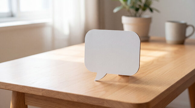 Blank speech bubble on a wooden table, representing dialogue, message, or idea. Clean space for text